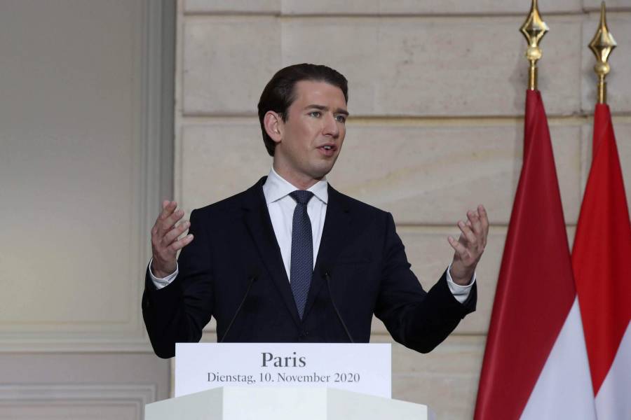 Austrian Chancellor Sebastian Kurz delivers his speech during a conference with
French President Emmanuel Macron and a videoconference with Dutch Prime Minister
Mark Rutte, German Chancellor Angela Merkel, European Council President Charles
Michel and European Commission President Ursula von der Leyen at the Elysee
Palace, in Paris, Tuesday, Nov. 10, 2020. The leaders of France, Germany,
Austria and the EU are meeting Tuesday to discuss Europe's response to terrorism
threats after a string of attacks. Macron and Kurz are meeting in person after
both of their countries have lost lives to Islamic extremist attackers in recent...